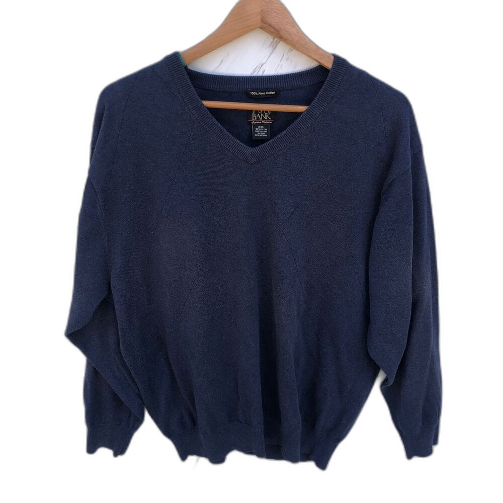 JoS A Bank Sweater XXL Signature Collection Men's V-Neck Pima Cotton Navy Blue